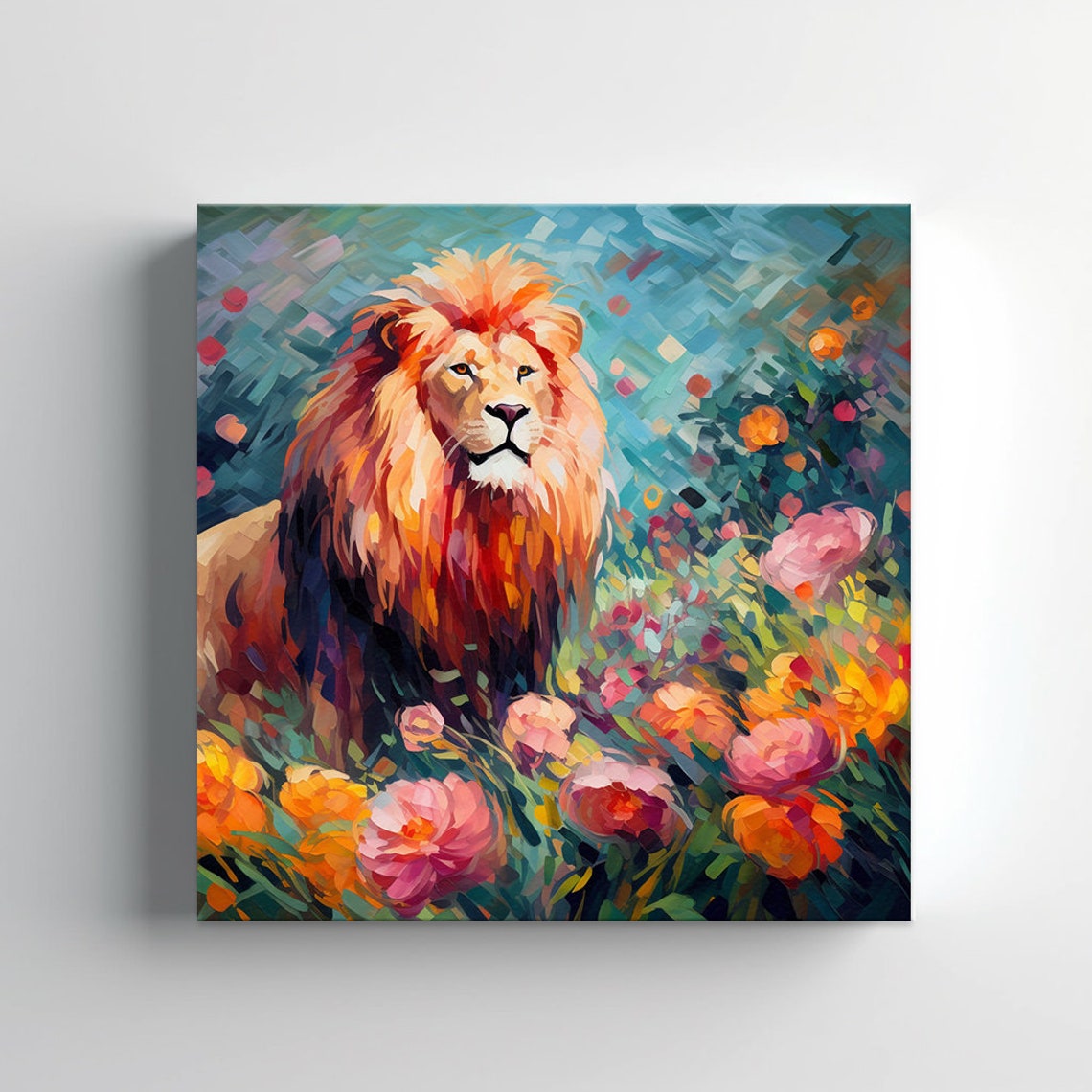 Lion With Fiery Mane Among Pink Orange Flowers Modern Art Poster - Image 4