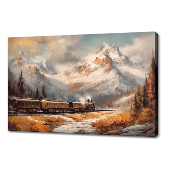 Train In Snowy Mountains Vintage Painting Style Print Farmhouse Decor Art Fine Art Print Neutral Nature Picture Wall Hanging