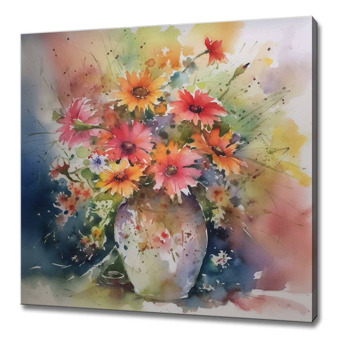 Watercolor Daisy Bouquet In Speckled Vase Pink Orange Blooms Art Print