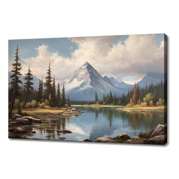 Lake In Snowy Winter Mountains Vintage Landscape Painting Style Print Farmhouse Decor Art Picture Wall Hanging Fine Art Print