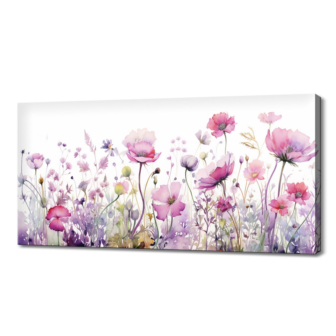 Pink Spring Wildflowers Meadow, Modern Watercolor Art Print
