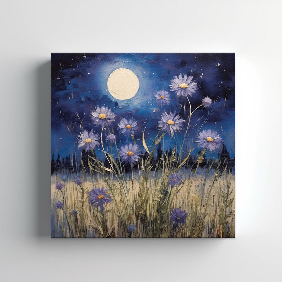 Cornflowers Field Under Full Moonlight Starry Night Wall Art Print - Image 3