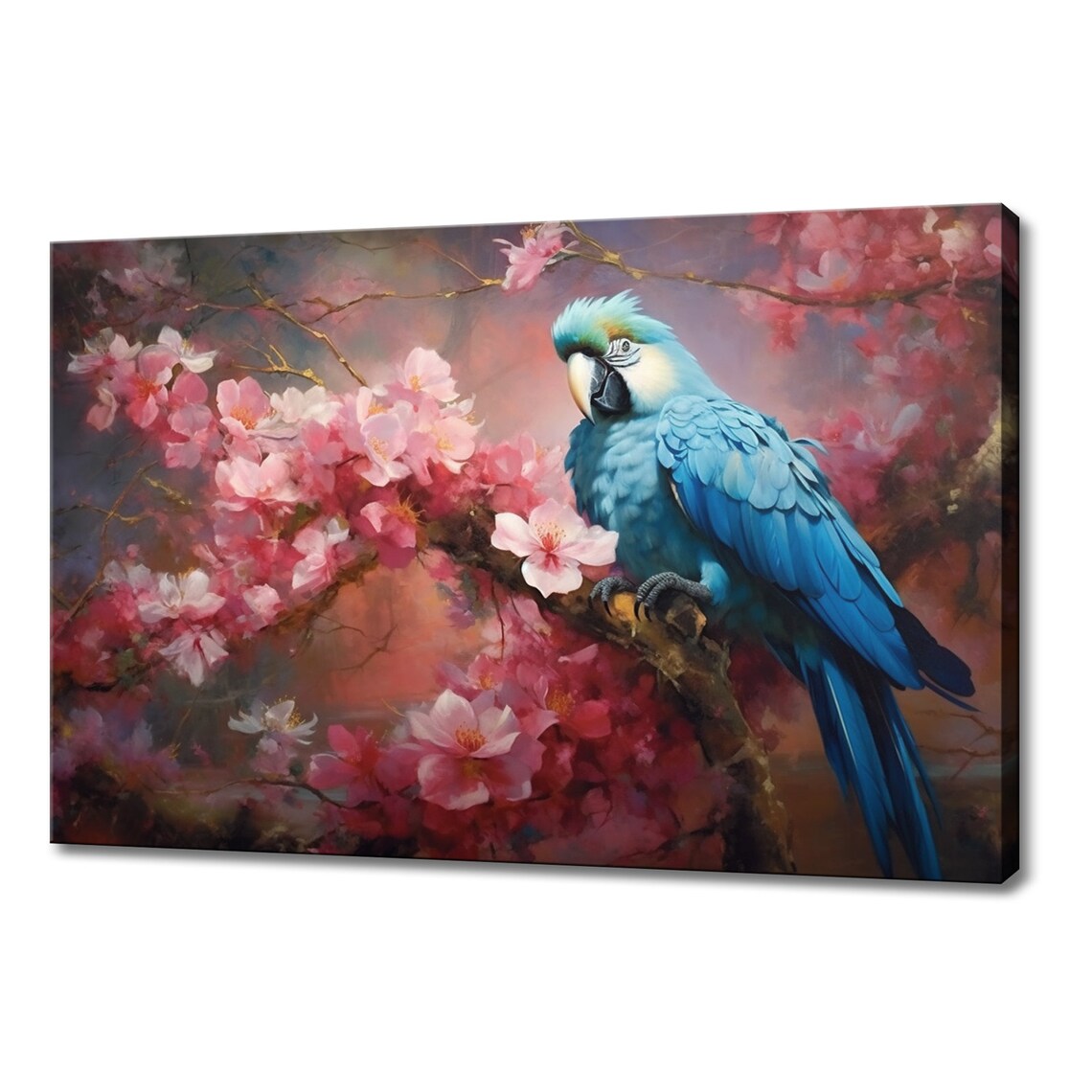 Bright Blue Parrot Pink Blossom Branch Tropical Painting Art Poster