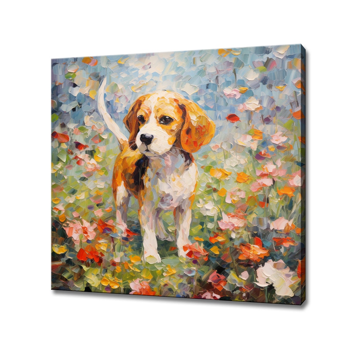 Beagle Puppy Standing in Wildflower Meadow Oil Painted Poster