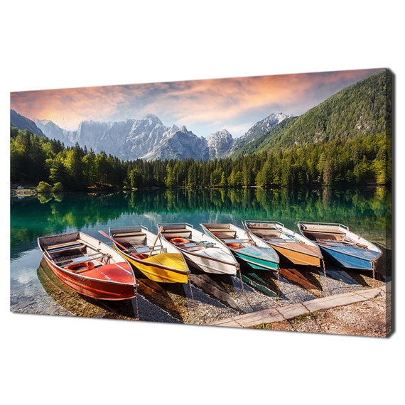 Fairytale Lake With Colourful Boats Landscape Modern Design Print Wall Art Picture