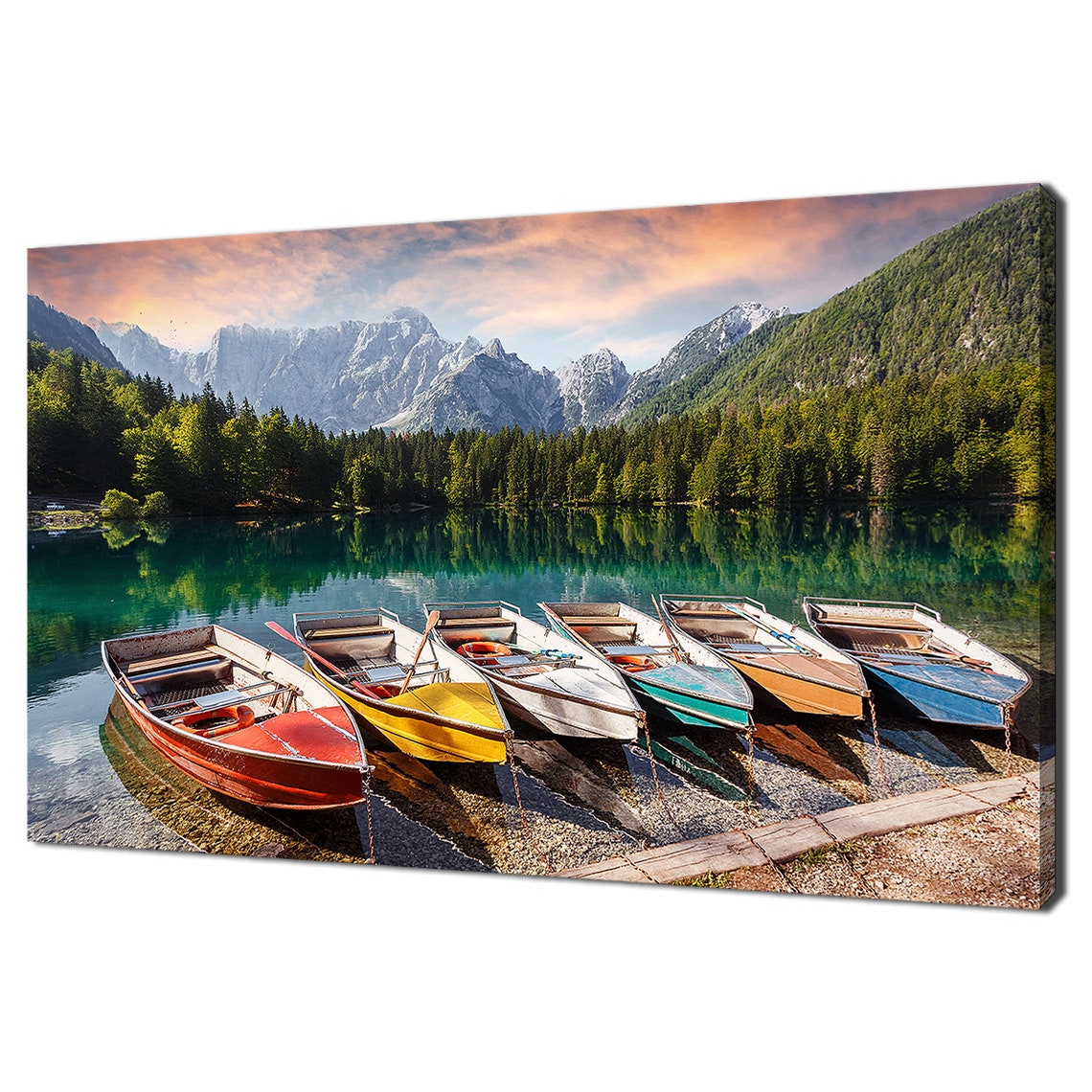 Fairytale Lake With Colourful Boats Landscape Modern Design Print Wall Art Picture