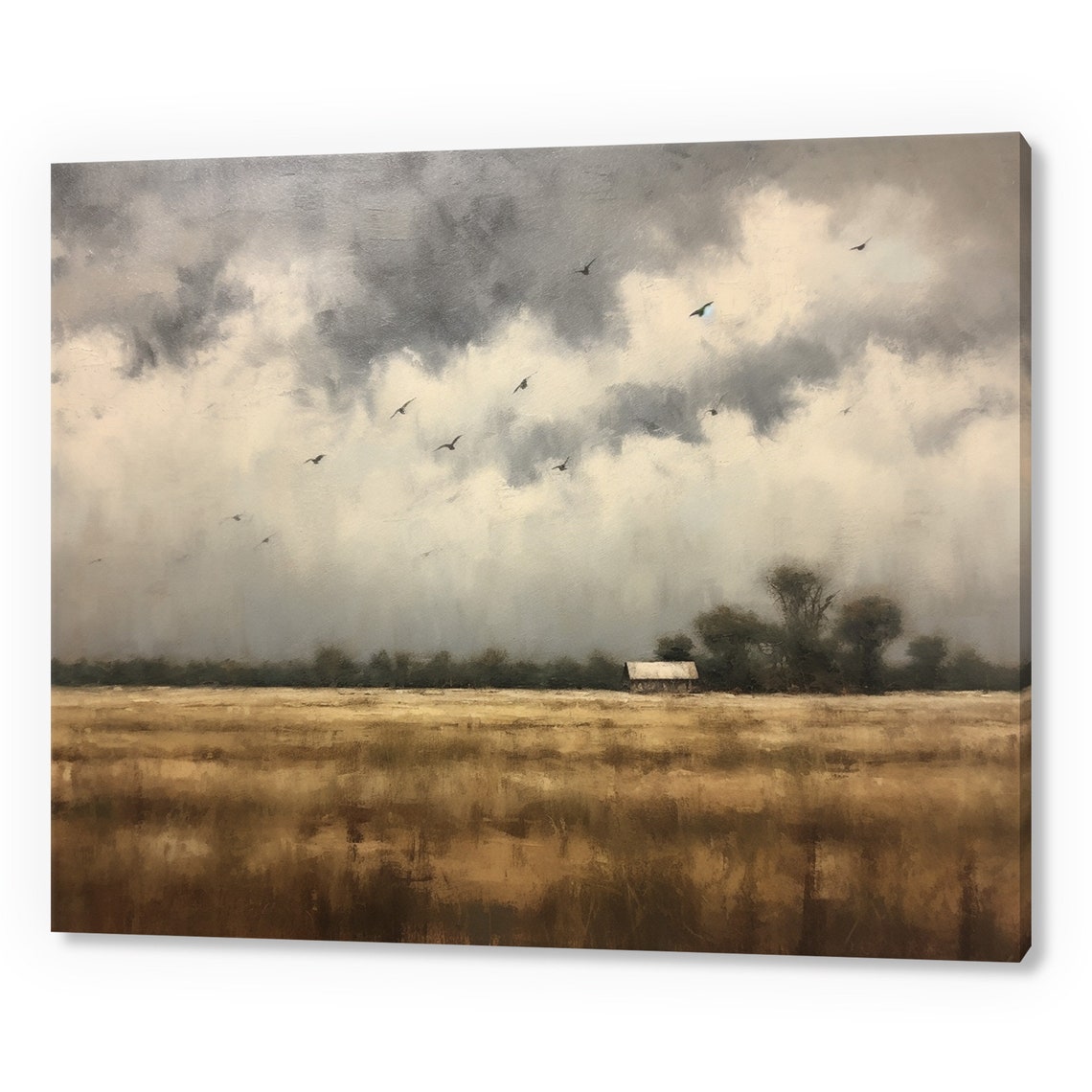 Vintage Country House Stormy Landscape Muted Moody Painting Style Print Farmhouse Decor Art Neutral Nature Picture Wall Hanging