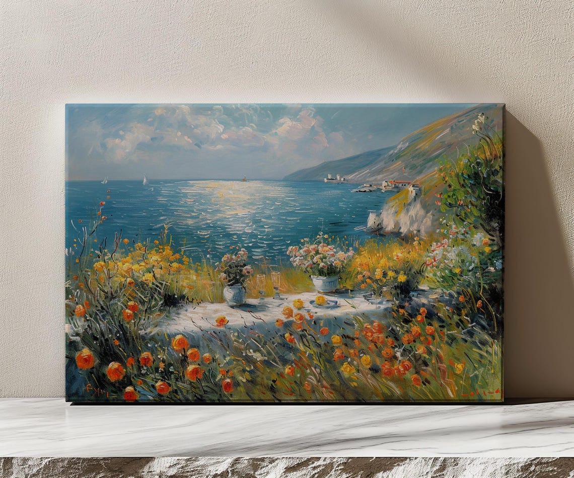Mediterranean Coast Sailboats Cliffs Wildflowers Impressionist Poster - Image 3