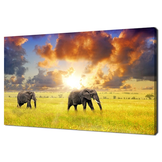 African Elephants Sunset Savannah Grassland Wildlife Safari Poster