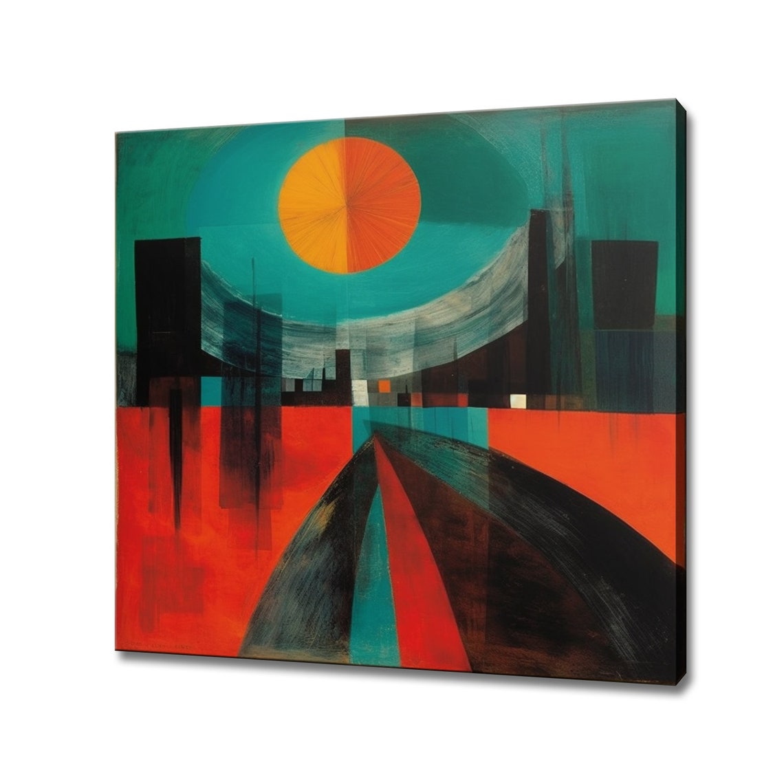 Abstract Orange Sun Over Dark City Geometric Bold Cityscape Wall Art