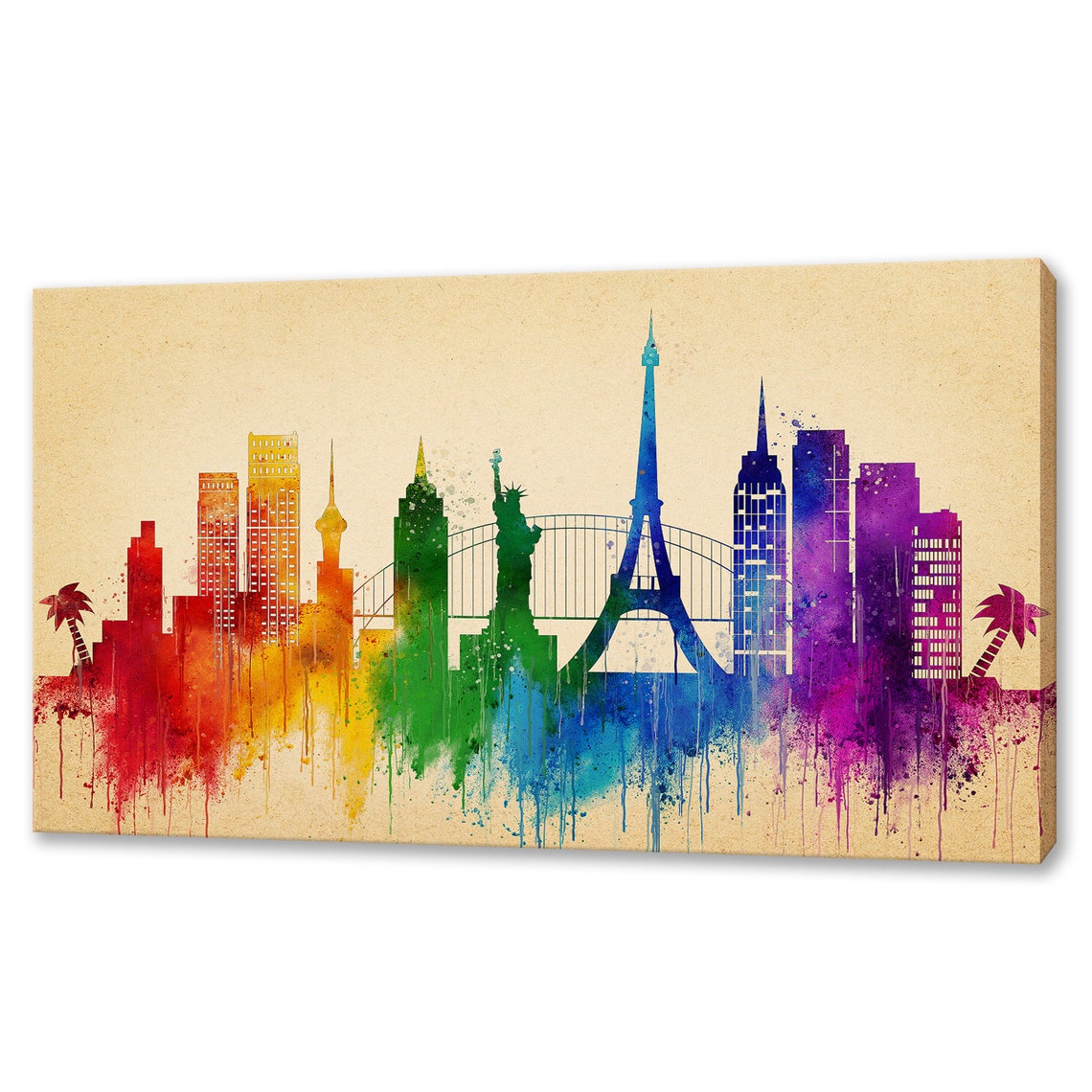 Famous World Landmarks Rainbow Watercolour Skyline Art Poster Gift