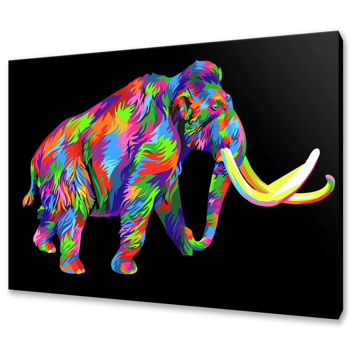 Colourful Woolly Mammoth Abstract Prehistoric Animal Black Wall Poster