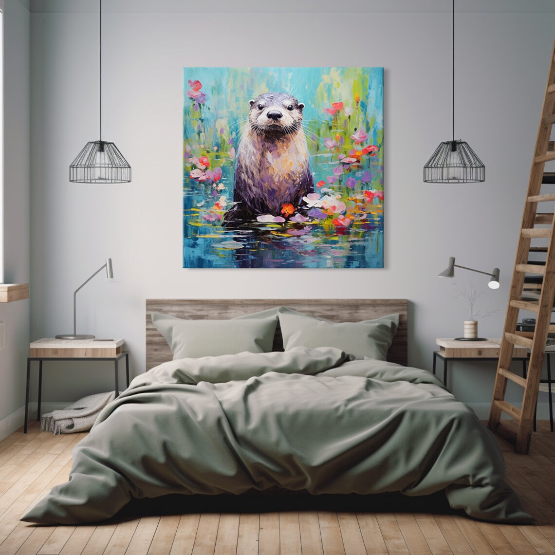 Cute Otter Among Floating Flowers Turquoise Water Painting Poster - Image 4