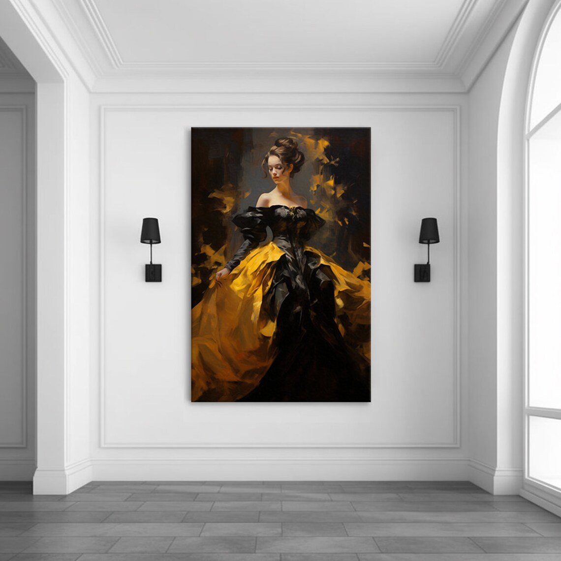 Elegant Lady in Black Gold Victorian Gown Dramatic Fashion Art Poster - Image 3