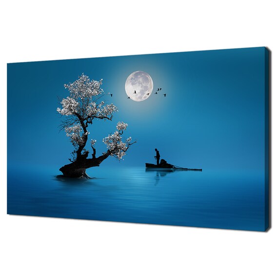 Fishing Under The Moonlight Blue Sky Tree Modern Design Print Wall Art Picture