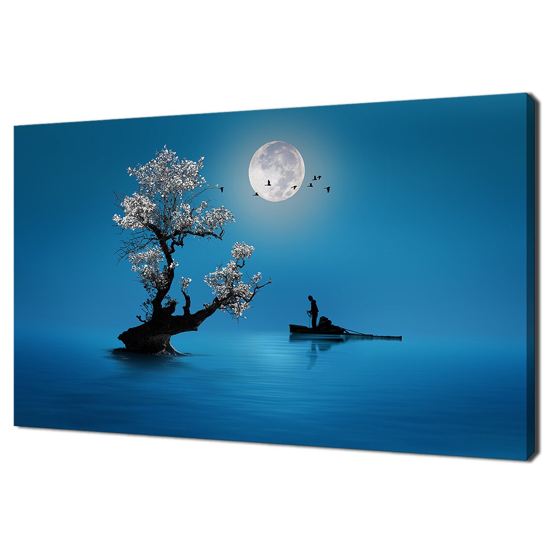 Fishing Under The Moonlight Blue Sky Tree Modern Design Print Wall Art Picture
