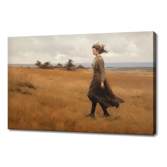 Woman Walking Golden Moor Field Windswept Moody Romantic Countryside Wall Poster