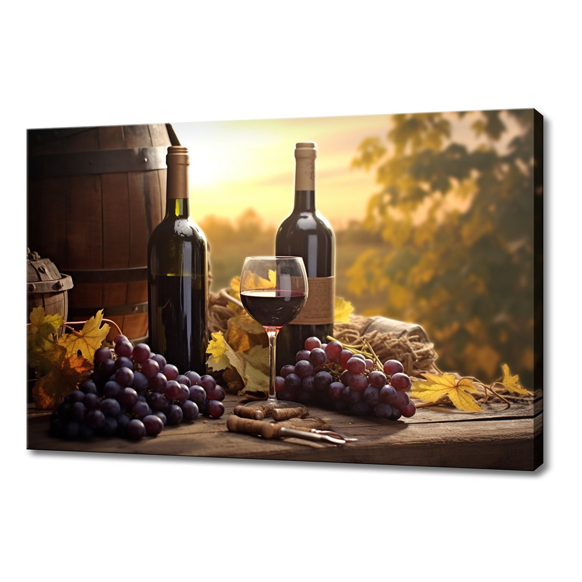 Vintage Red Wine Bottles Grapes Autumn Vineyard Sunset Art Print