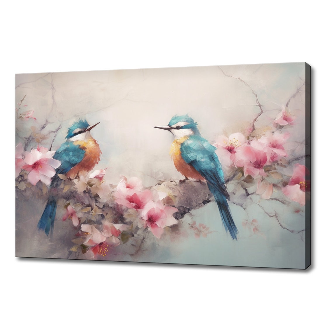 Two Turquoise Orange Birds Blossom Branch Pastel Spring Art Poster