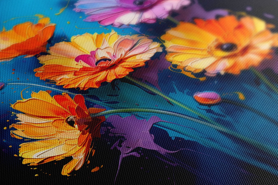 Orange Calendula Flowers Paint Splash Deep Blue Background Art Poster - Image 3