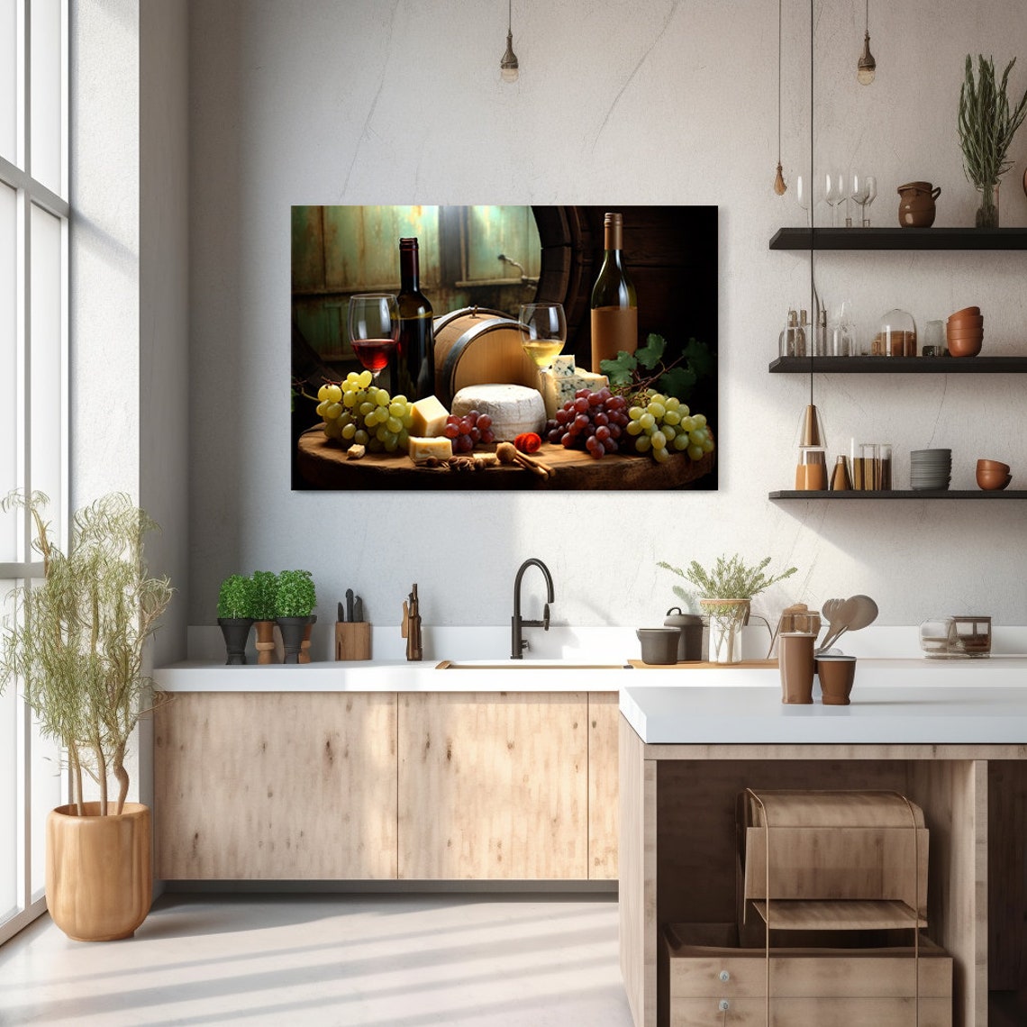 Vintage Wine Bottles Cheese Grapes Rustic Cellar Still Life Art Print - Image 2