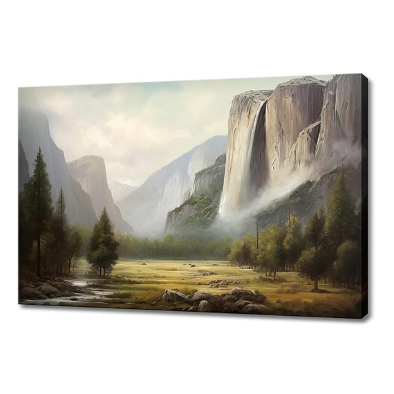 Waterfall In Mountains Vintage Landscape Painting Style Print Farmhouse Decor Art Picture Wall Hanging Fine Art Print