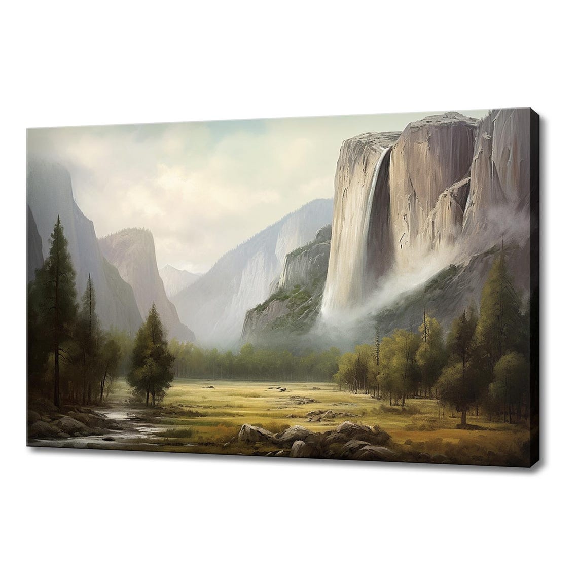 Waterfall Over Granite Cliffs Misty Valley Vintage Landscape Poster
