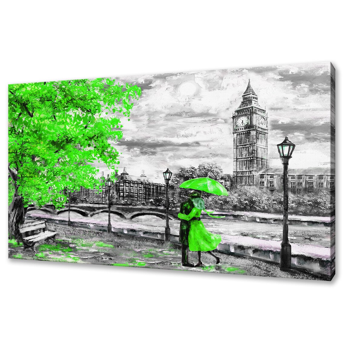 London Big Ben Couple Umbrella Green Selective Color Oil Style Poster