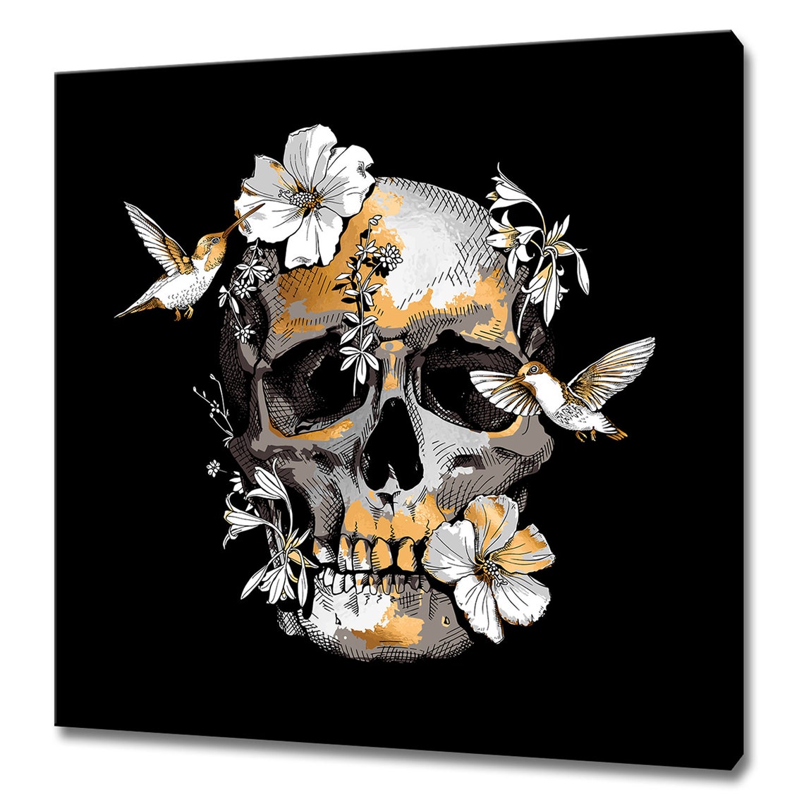 Floral Skull with Hummingbirds Gothic Botanical Black Art Print