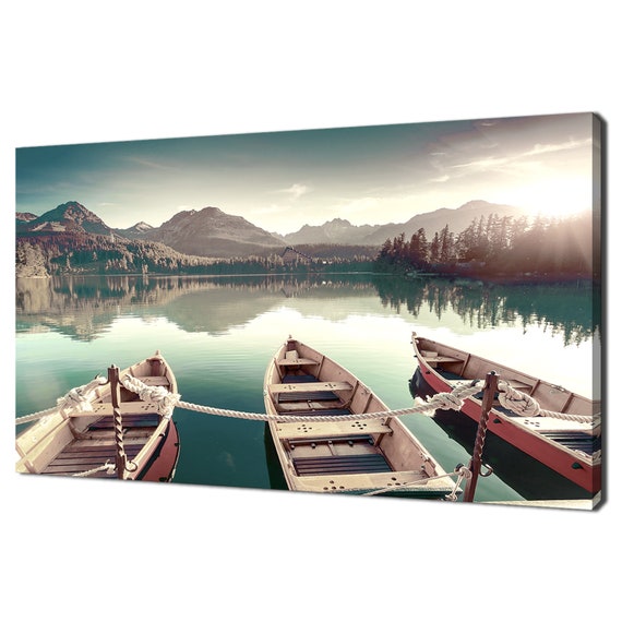 Boats On The Calm Lake At Sunset Landscape Modern Design Home Decor Print Wall Art Picture