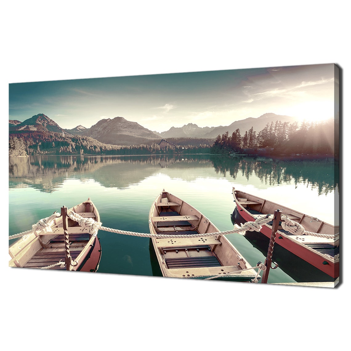 Rowboats On Calm Alpine Lake Mountain Peaks Reflection Travel Poster