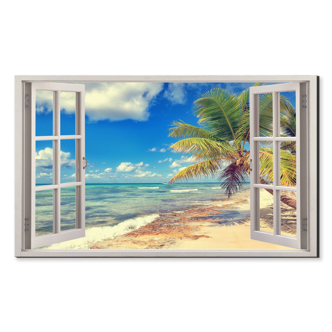 Tropical Beach Palm Trees Turquoise Sea Window View Illusion Poster