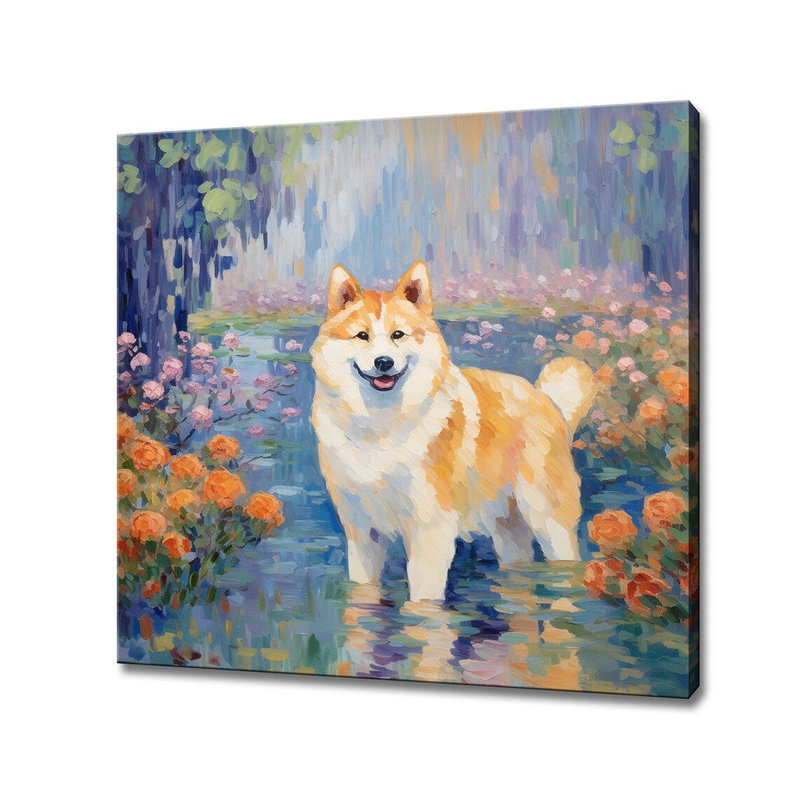 Akita Dog Portrait In Flower Pond Lily Pads Painterly Dog Poster