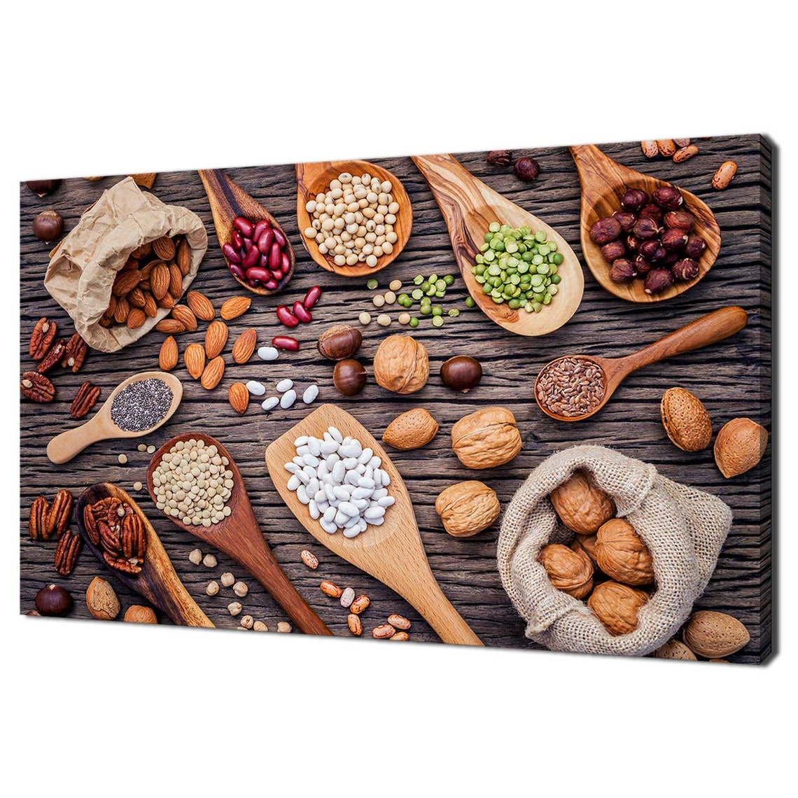 Assorted Nuts Beans Seeds Wooden Spoons Rustic Kitchen Art Print