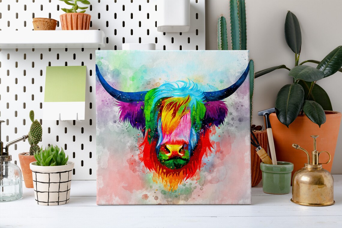 Highland Cattle Cow Colorful Watercolor Art Print - Image 2