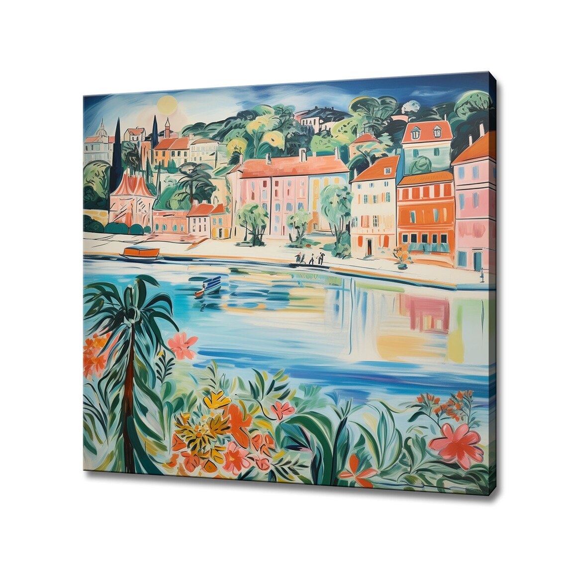 Colorful Harbor Boats Painted Coastal Town Abstract Art Poster