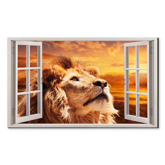 Lion At Sunset Through Open Window Illusion Wildlife Safari Poster