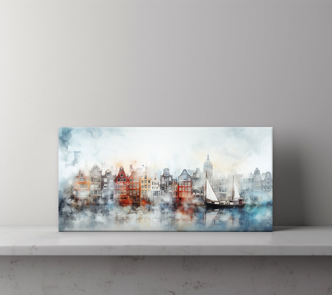 Amsterdam Canal Houses Watercolor Misty Harbor Sailboat Skyline Poster - Image 3