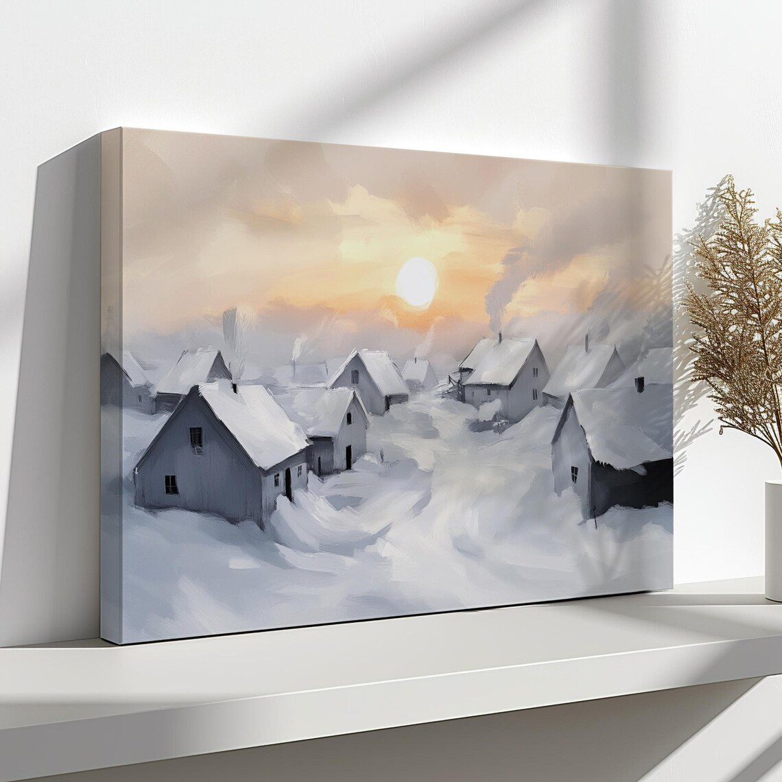 Snowy Village At Sunrise Winter Painting Cozy Cottages Print - Image 4