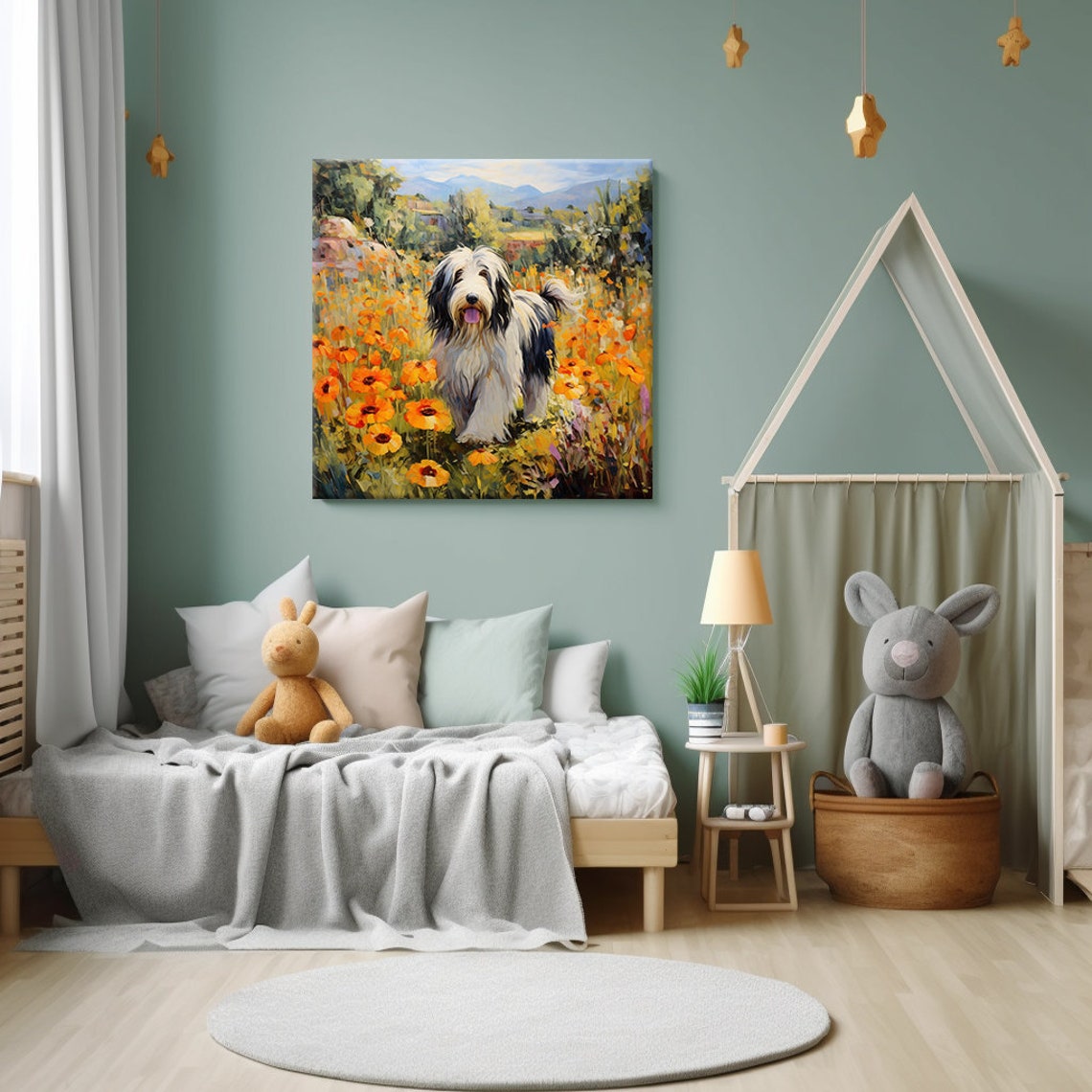 Beautiful Bearded Collie Dog In Flowers Field Animal Print Gift For Bearded Collie Dog Lover Colourful Dog Portrait Painting Print - Image 3