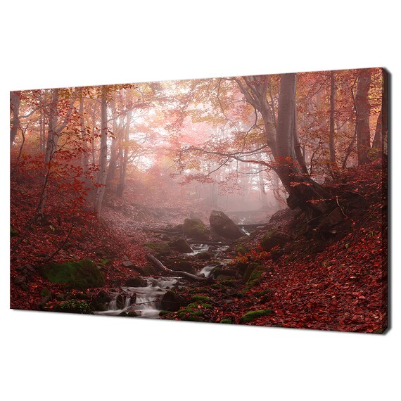 Beautiful Red Misty Beech Forest In The Carpathians Modern Design Home Decor Print Wall Art Wall Hanging