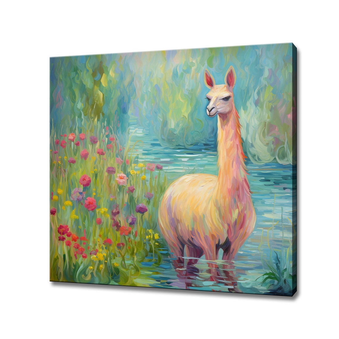 Colorful Llama Standing In A Flower Field Pastel Painting Wall Poster