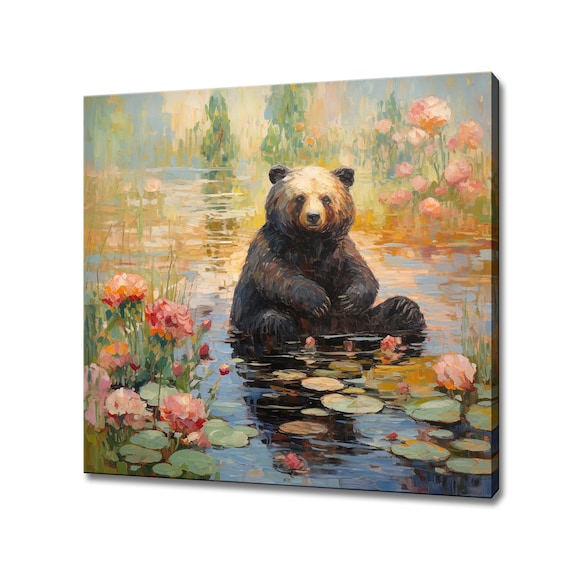Brown Bear Sitting In Lily Pond Flowers Painterly Wildlife Poster
