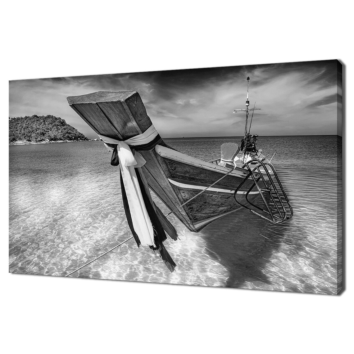 Traditional Thai Longtail Boat Tropical Beach Black And White Poster