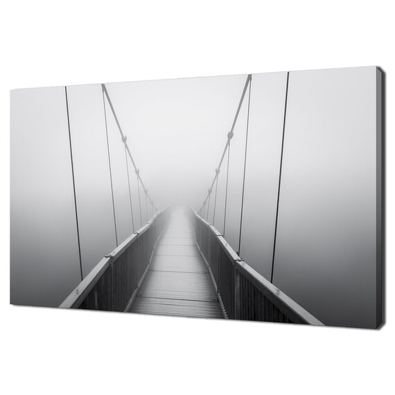 Black White Suspension Bridge Heavy Fog Vanishing Moody Landscape Print