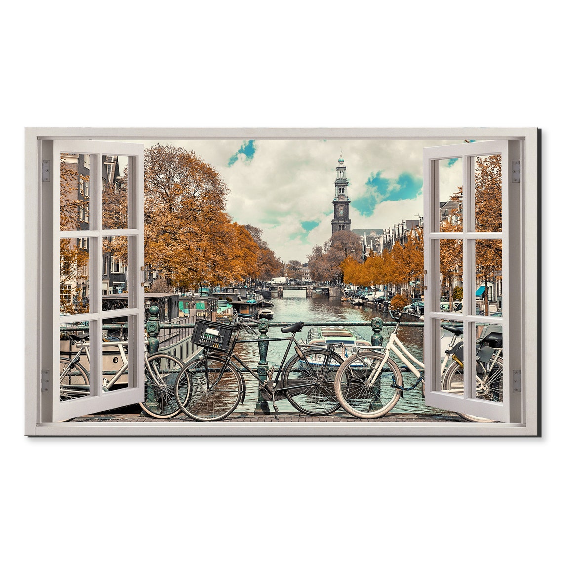 Amsterdam Canal Bicycles Autumn Trees Bridge Window View Travel Poster