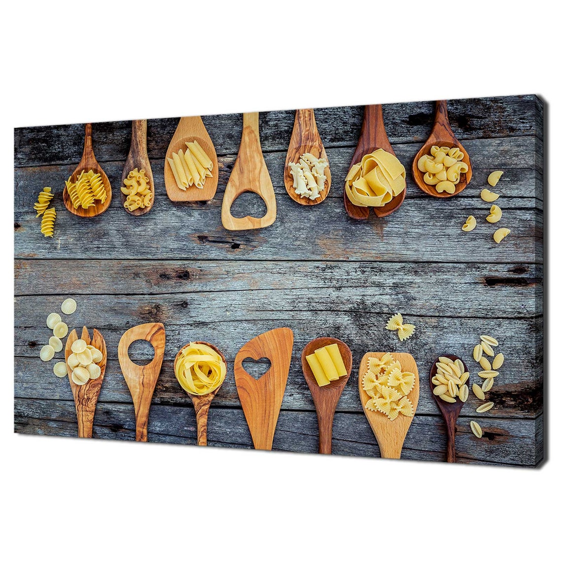Assorted Pasta Shapes Wooden Spoons Rustic Kitchen Decor Wall Poster