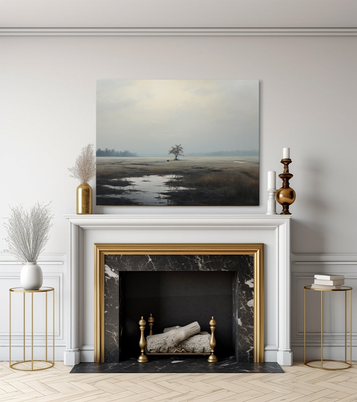 Lone Tree In Misty Floodplain Mirror Reflections Minimalist Poster - Image 3