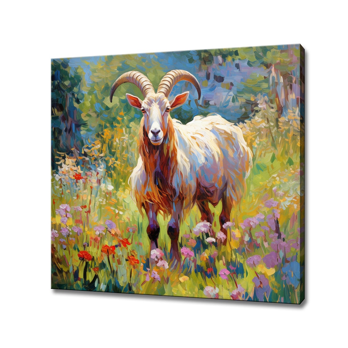 White Goat Curved Horns Wildflower Meadow Impressionist Art Poster