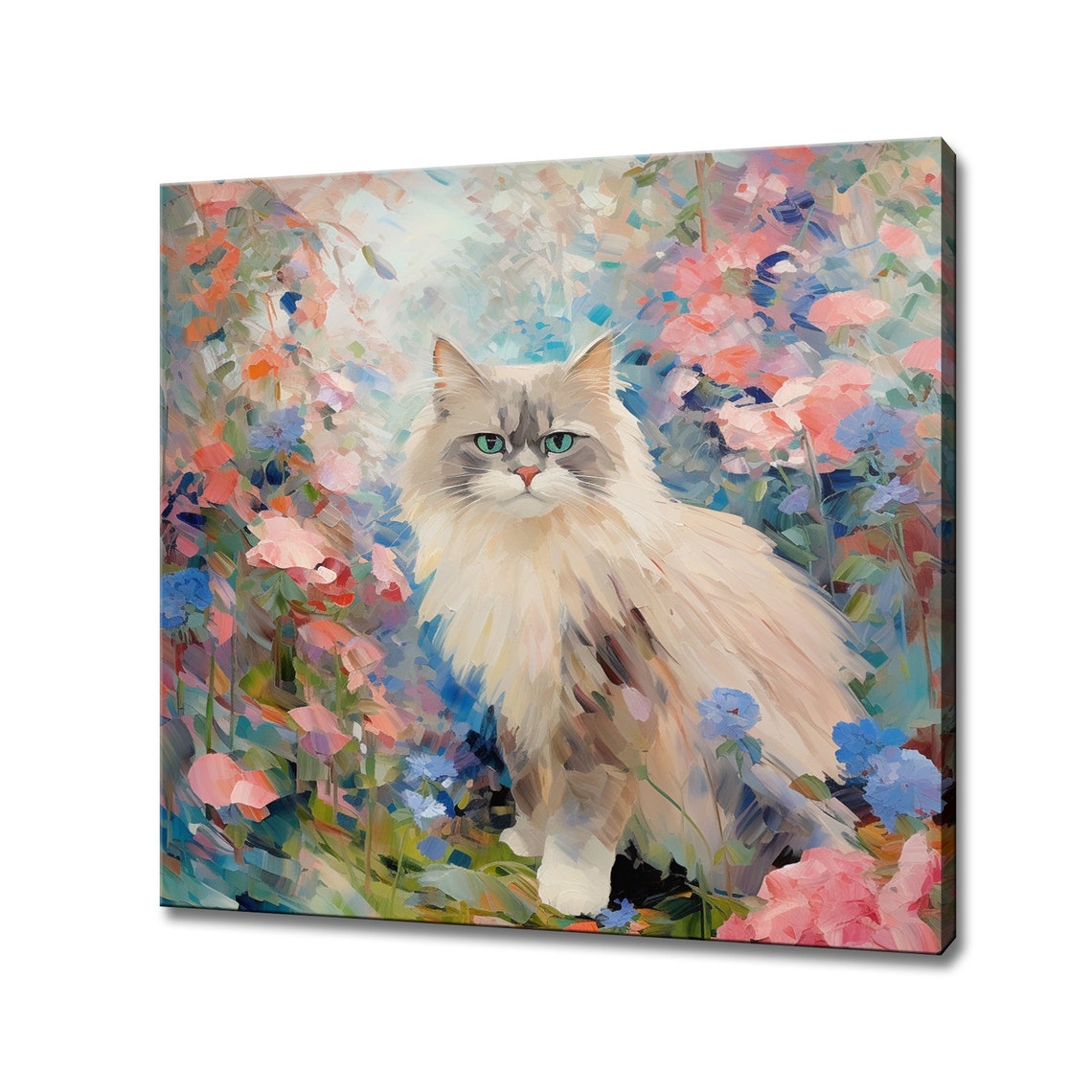 Fluffy Ragdoll Cat With Green Eyes In Pink Flower Garden Poster